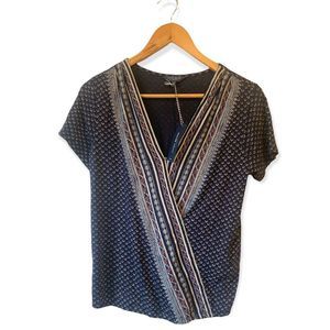 Lucky Brand Faux Wrap Prairie Navy Short Sleeve Blouse Size Small